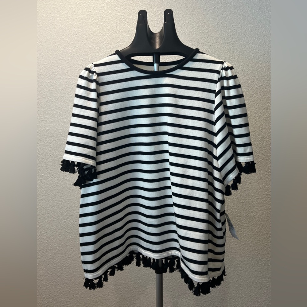 Kate Spade Broome Street White and Black Stripe Flutter Sleeve Top Tassel Hem XL